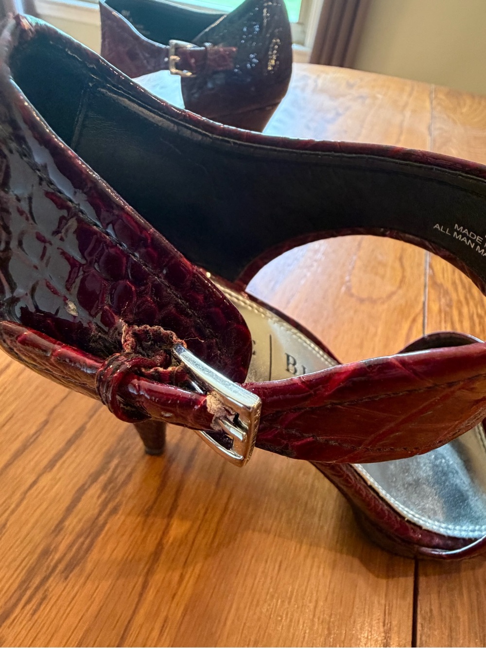 White House Black Market Burgundy Croc-Embossed Strappy High Heels - Picture 2 of 6